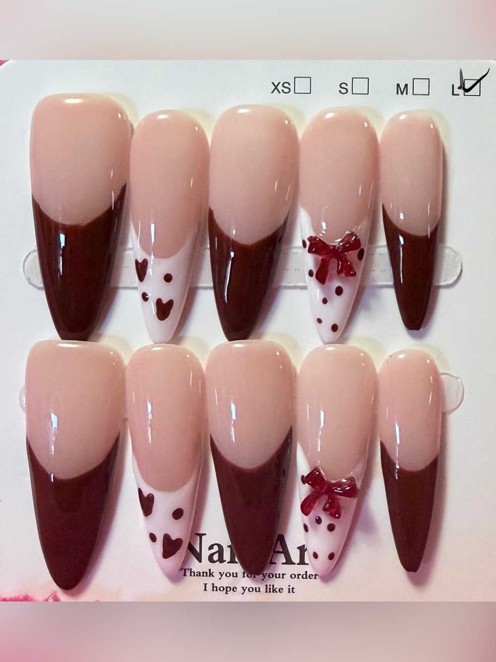 Nude and Burgundy Stiletto Press-On Nails with Bow Accent